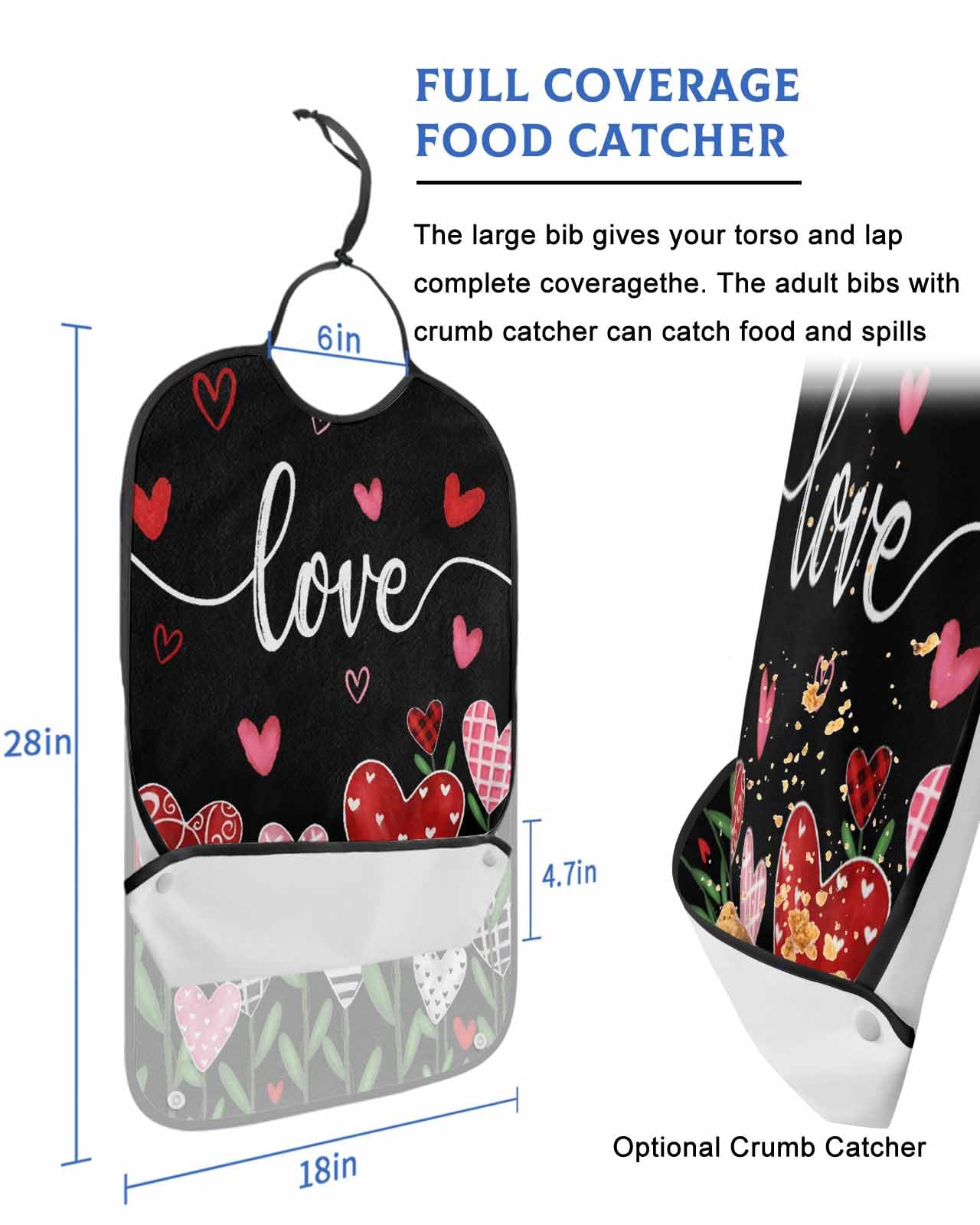 LEOKOTI Valentine Adult Bibs for Eating, Waterproof Bibs with Food Catcher & Adjustable Snap Closure, Love Heart Botanical Classic Black Washable Clothing Protectors Adult Bibs for Elderly Women/Men