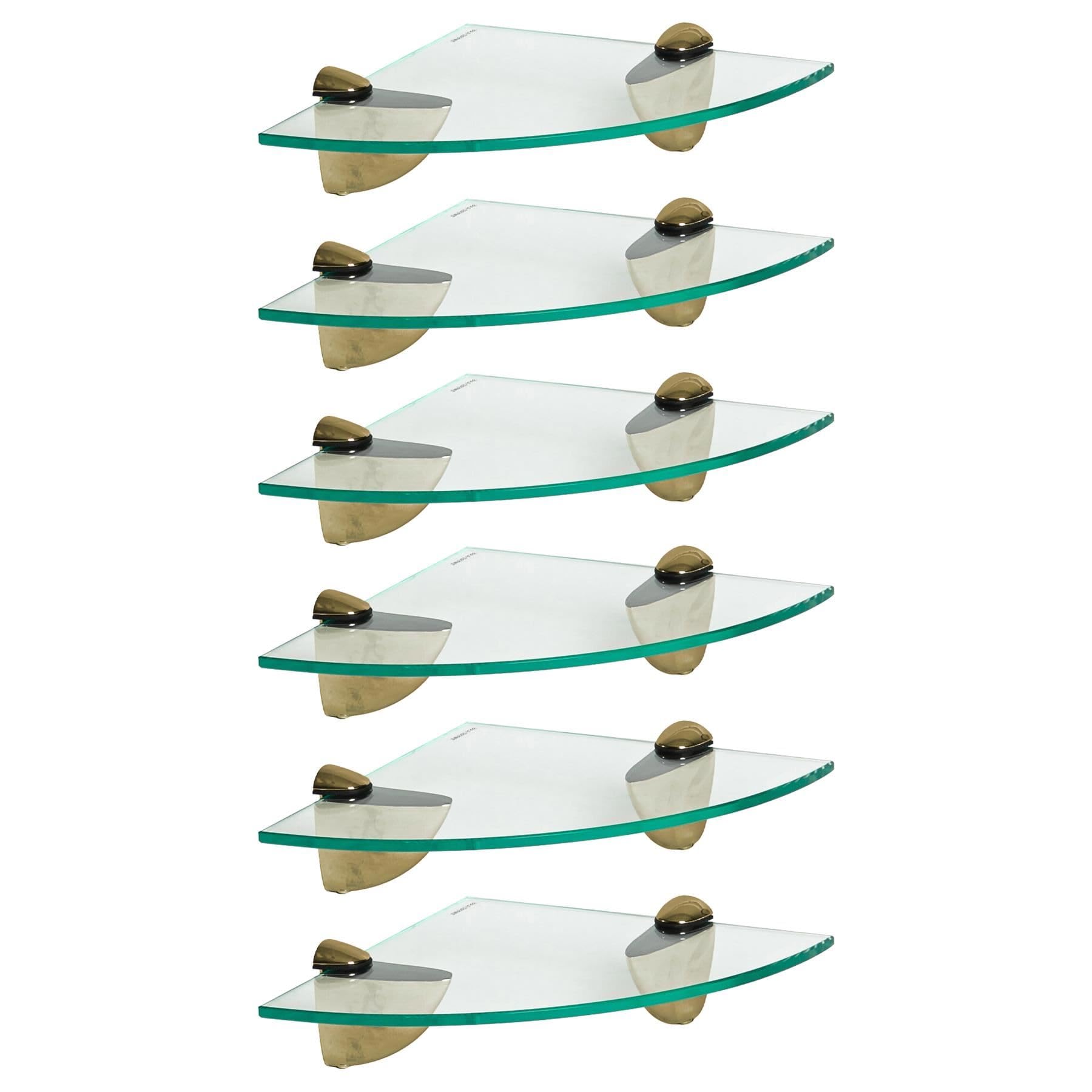 Harbour Housewares Floating Glass Bathroom Corner Shelves - 20cm - Clear/Gold - 6x Wall-Mounted Kitchen Bedroom Shower Room Décor Caddy Towel Storage Organiser Shelving Rack with Brackets