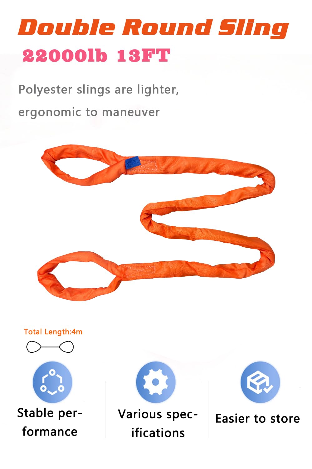 Eye and Eye Round Sling 22000lb 13FT Sling Strap Rigging Polyester Endless Lift Sling for Hoist Heavy Duty Objects Heavy Duty Poly Lifting Sling Polyester Eye and Eye Round Sling【10T-4M】