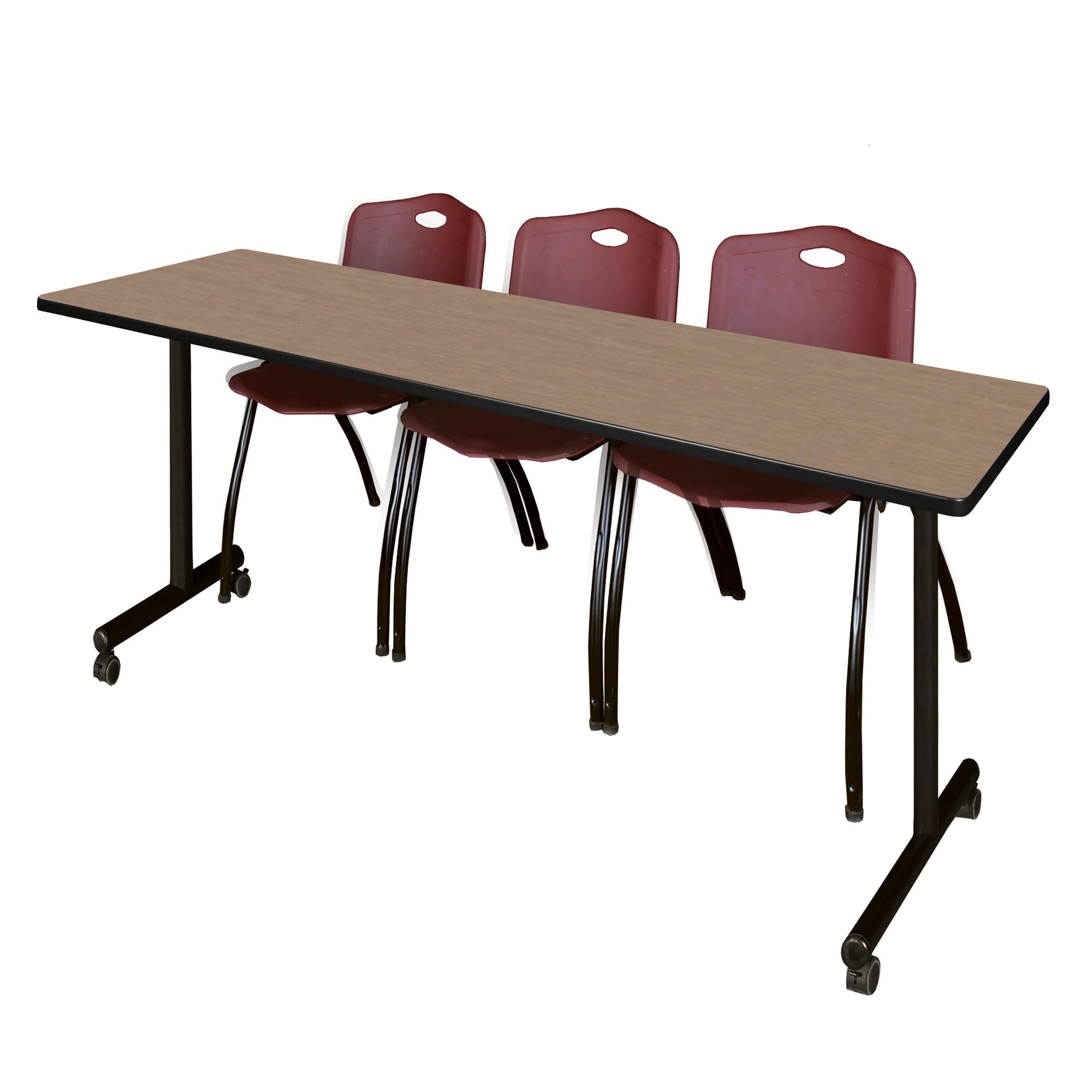 Romig Axis-Pro 84 x 24 in. Mobile T-Base Training Table- Noble Oak, 2 M Stack Chairs- Burgundy
