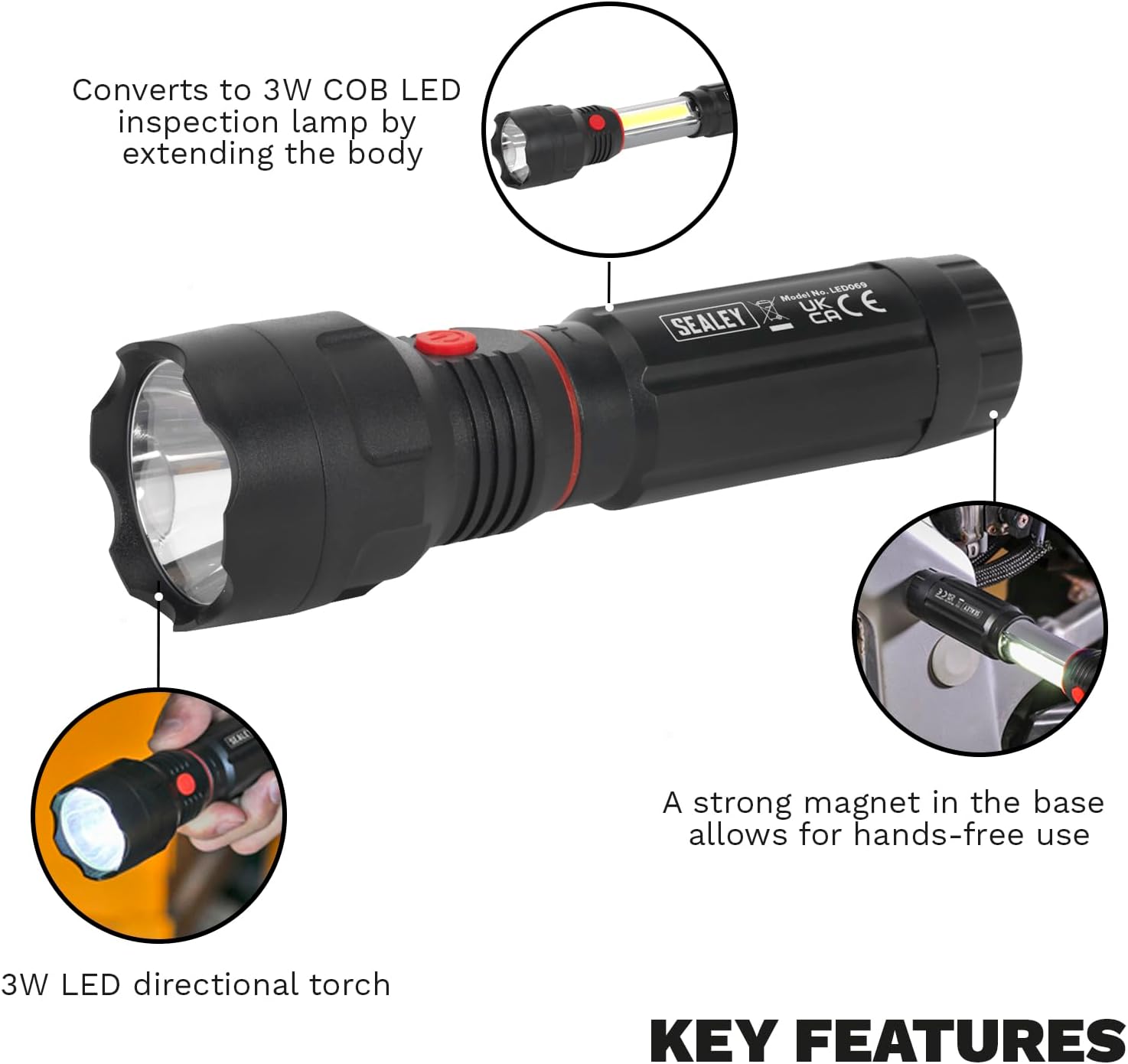 Sealey LED069 Torch/Inspection Light 3W COB LED, Red