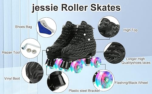 Jessie Womens Roller Skates Water Ripple High-Top Roller Skates Four-Wheel Roller Skates Shiny Roller Skates For Adult Youth Boys Girls Outdoor With Shoes Bag (Black Ripple Flash,Us:10) #TOP3