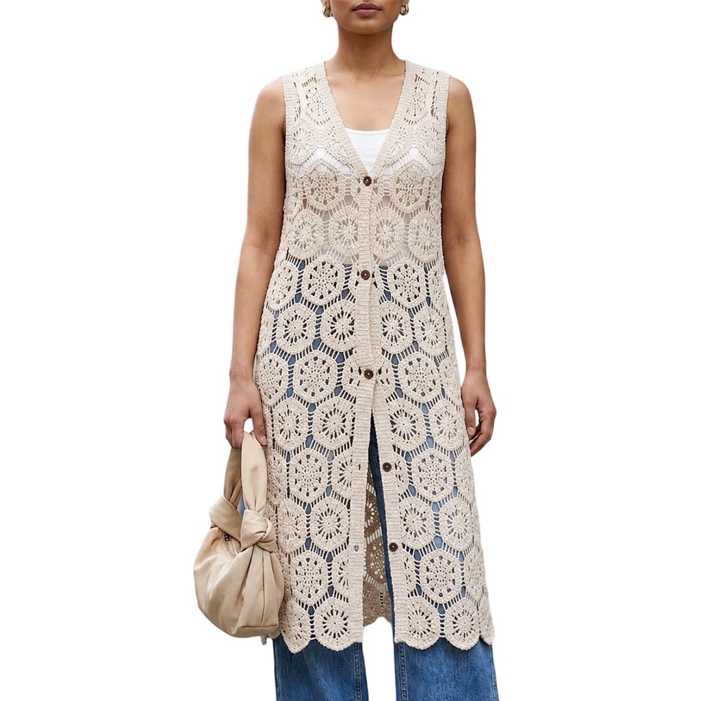 Buy SANNIDHI® Womens Crochet Lace Vest Boho Sleeveless Kimono