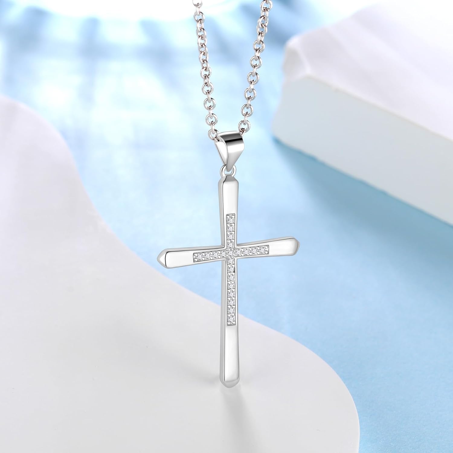 Jewmon 925 Sterling Silver Cubic Zirconia Cross Necklace for Women Mens Cross Faith Pendant Necklace Gothic Protection Christian Jewelry for Easter Christmas Birthday Couples Gifts - Image 4