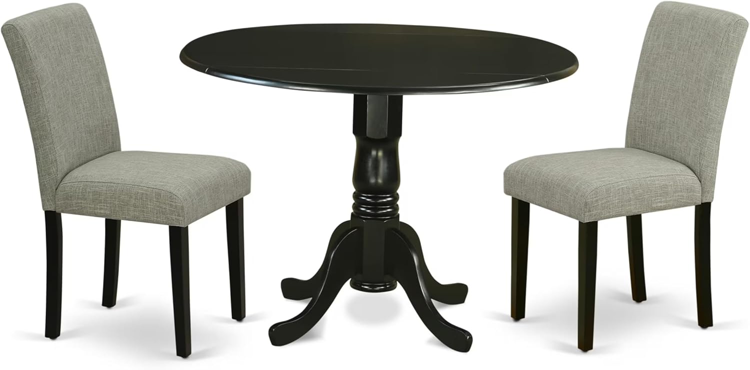 East West Furniture DLAB3-BLK-06 3 Piece Dinette Set for Small Spaces Contains a Round Dining Table with Dropleaf and 2 Shitake Linen Fabric Upholstered Chairs, 42x42 Inch, Black