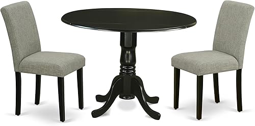 East West Furniture DLAB3-BLK-06 - Juego de comedor de 3 piezas para espacios pequeños, contiene una mesa de comedor redonda con Dropleaf y 2 sillas