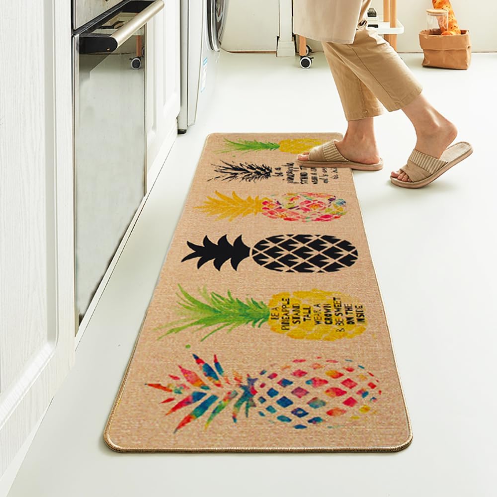 Natural Rubber 2 Pieces Sets Non-Slip Washable Kitchen Rug and Mat 18''x29''+18''x59'' Pineapple Comfortable Durably Laundry Room Area Rugs Floor Mat for Home Kitchen