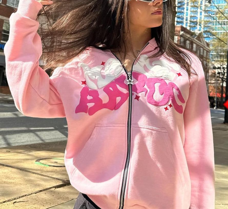 Y2k Hoodies Puff Print Hoodie Grunge Graphic Zip Up Hoodies Y2k Jacket Hip Hop Streetwear Aesthetic Sweatshirts - Image 2