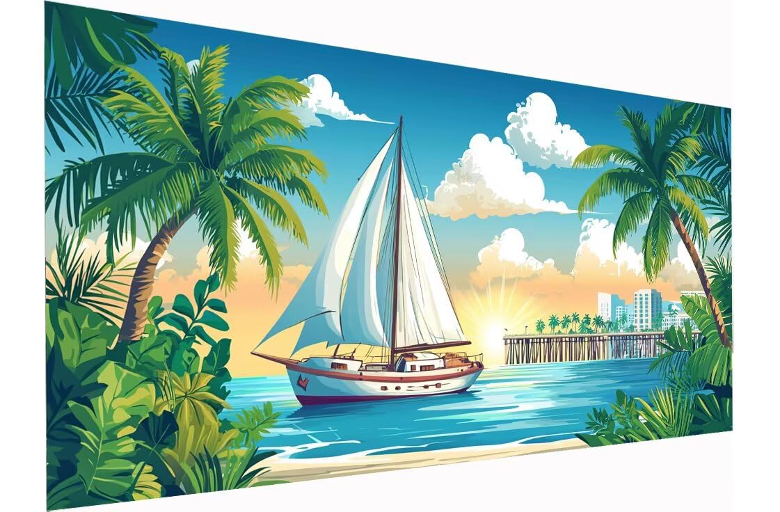 Malarstwo krajobrazowe Numery dla dorosłych, 90 x 200 cm Zestawy do malowania numerami żaglówki dla dorosłych początkujących i dzieci, z pędzlami i farbami akrylowymi, pomalowane według numerów