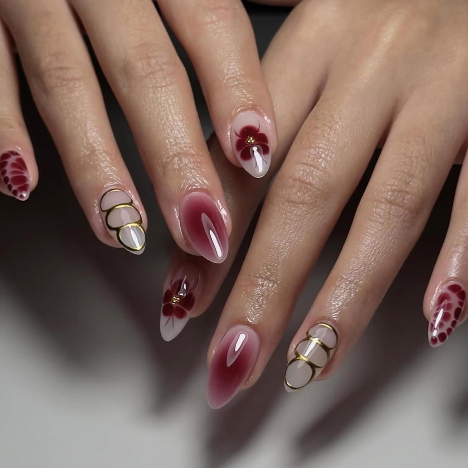 Flower Press On Nails Almond Shaped Fake Nails Spring Gold Line Nail Press Ons With Red Floral Design Stick On Nails Full Cover Acrylic Glue On Nail