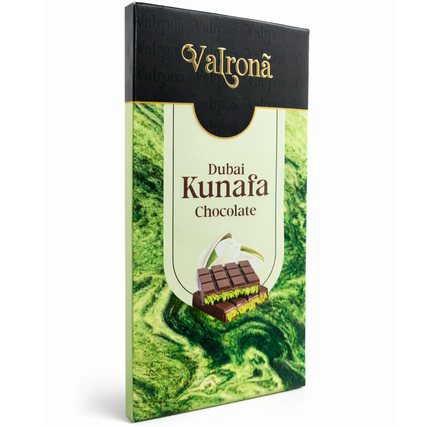 Valrona Dubai Kunafa Pistachio Chocolate Bar 100g | Premium Milk Chocolate with Crispy Kunafa & Pistachio Cream Filling | Rich Middle Eastern Dessert Chocolate | Gourmet Sweet Treat | (Imported-UAE)