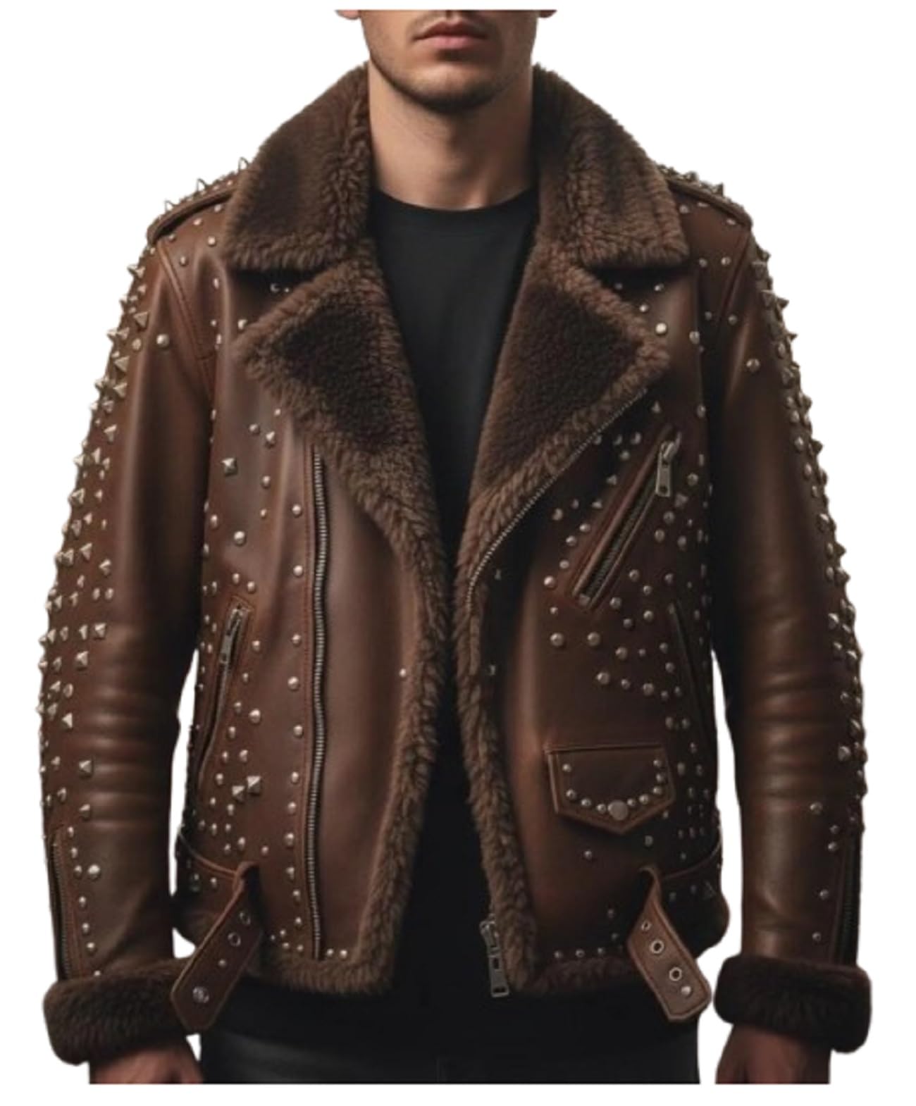 Chaqueta de aviador de cuero de primera calidad para hombre, chaqueta de motociclista marrón con forro de piel sintética de oveja y detalles de metal punk