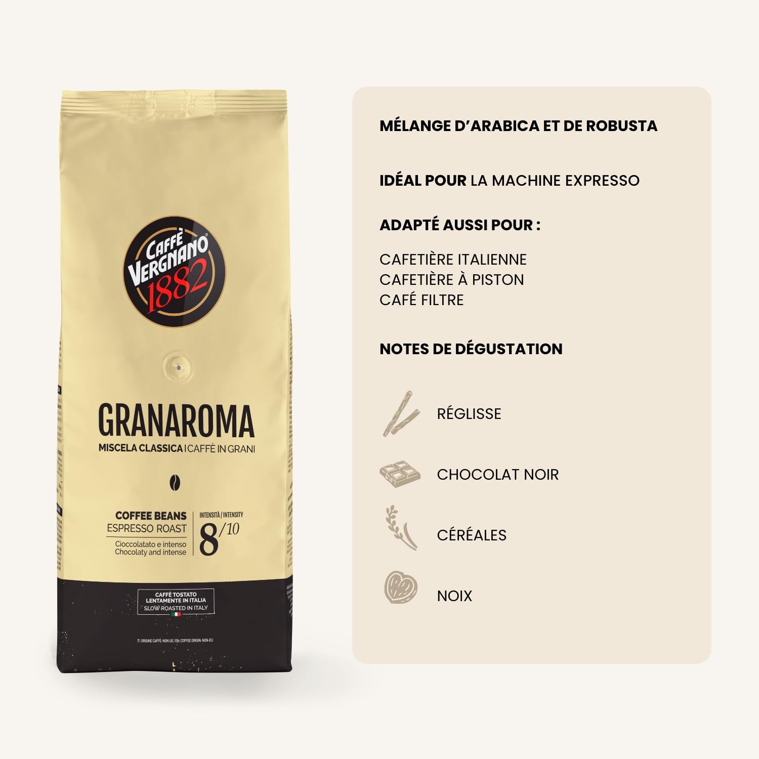 Caffè Vergnano 1882 Grains de café Granaroma - 1 kg (1 paquet)