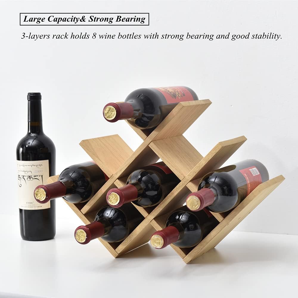 KIRIGEN Wooden 8-Bottle Wine Rack - 3-Tier Wood Wine Display Rack/Standing and Countertop Wine Storage Shelf - Bottle Holder/Cabinet Glass Rack Natural XHJJ3-NA - Image 8