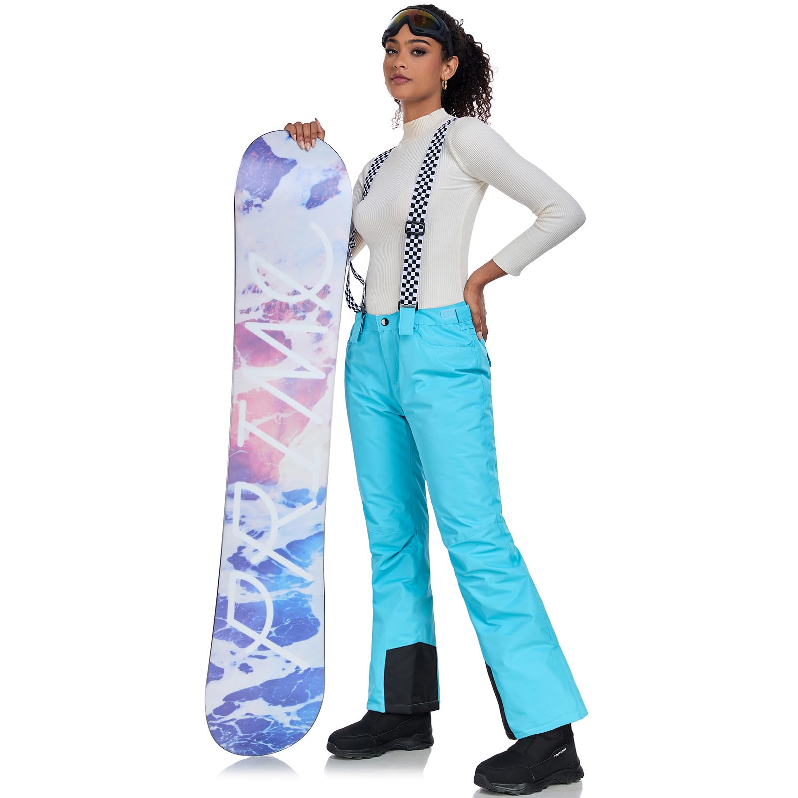ALSOGO Pantaloni da sci da donna, impermeabili, professionali, antivento, per l'inverno, per l'outdoor, per la pioggia, per lo snowboard, con bretelle rimovibili, tuta e paraneve
