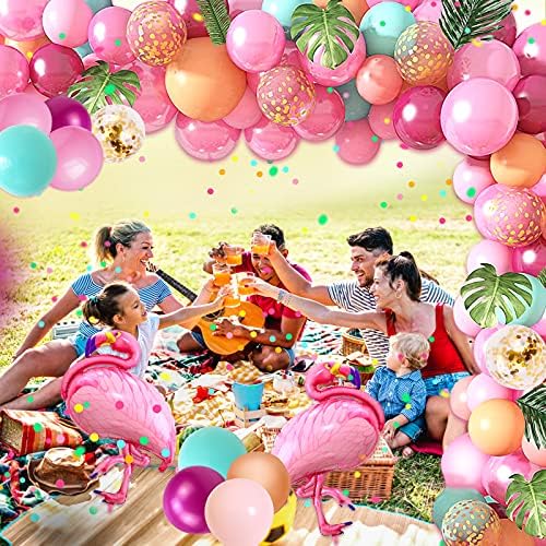100 Pcs Tropical Balloon Arch Kit, Hawaiian Balloon Arch Garland Kit, Flamingo Balloons with Jungle Palm Leaves, Multi Coloured Balloon Arch for Birthday Wedding Tropical Party Decorations