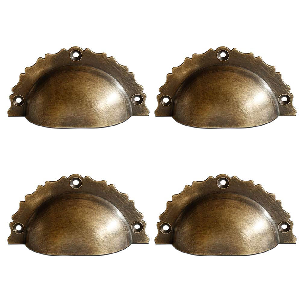 Tiazza Antique Bronze 4Pcs Vintage Style Solid Brass Cup Shell Drawer Pulls Bedside Cupboard Wardrobe Antique Handle