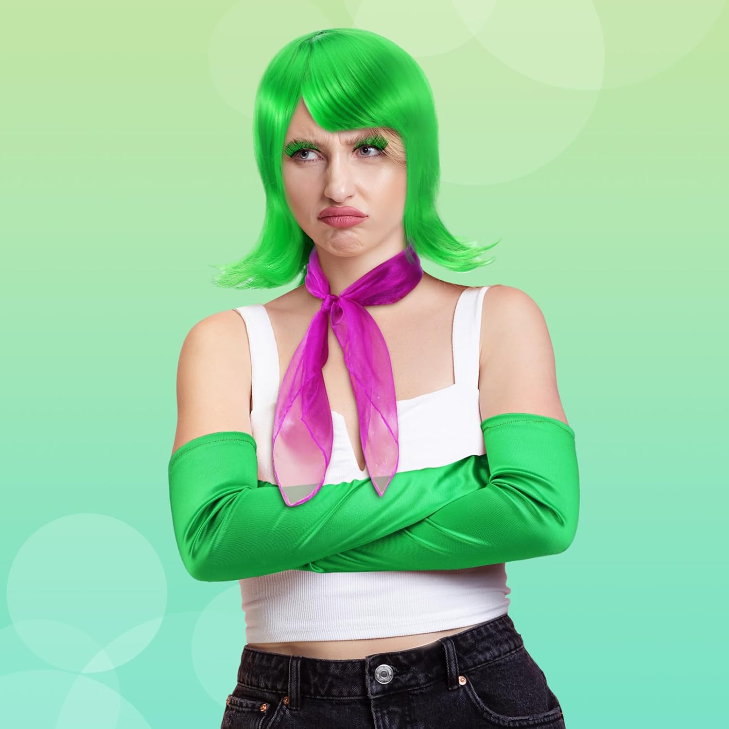 4 Pcs Halloween Disgust Costume Cosplay Set Disgust Green Costume Wig with Scarf Gloves False Eyelashes Short Green Flip Wigs for Adults Halloween Costume Anime Cosplay - Image 7