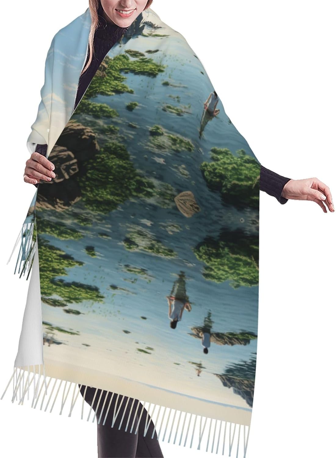 Man Seascape Scarf for Women Winter Warm Scarves, Cashmere Feel Tassel Fashion Scarfs, Pashmina Shawl and Wraps
