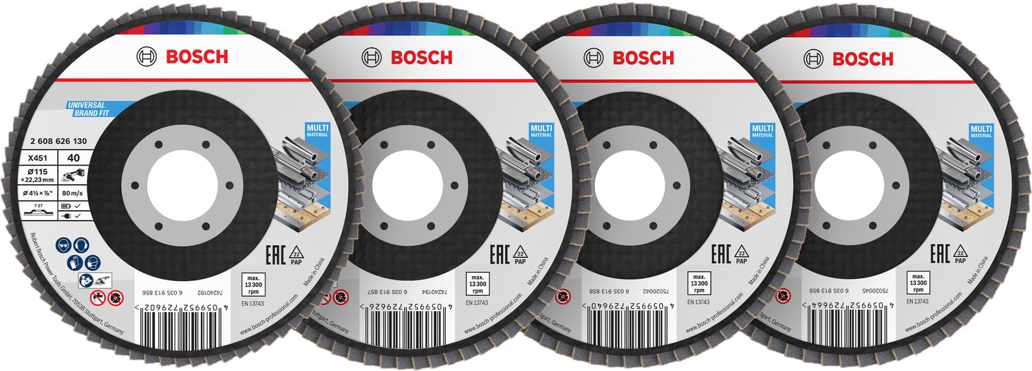 Bosch 60x Zestaw tarcz listkowych X451 (do Stal, Aluminiowy, Ø 115 mm, Ziarnistość 40, 60, 80, 120, Professional Akcesoria Duża szlifierka kątowa)