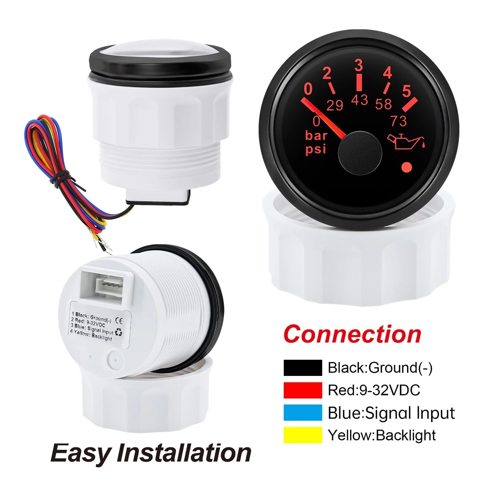 Medidor de presión de aceite de 52mm con Sensor de alarma LED rojo medidor de presión de aceite 0-10Bar,0-5Bar,0-73PSI,0-145PSI Alta visibilidad(0-10Bar WS)