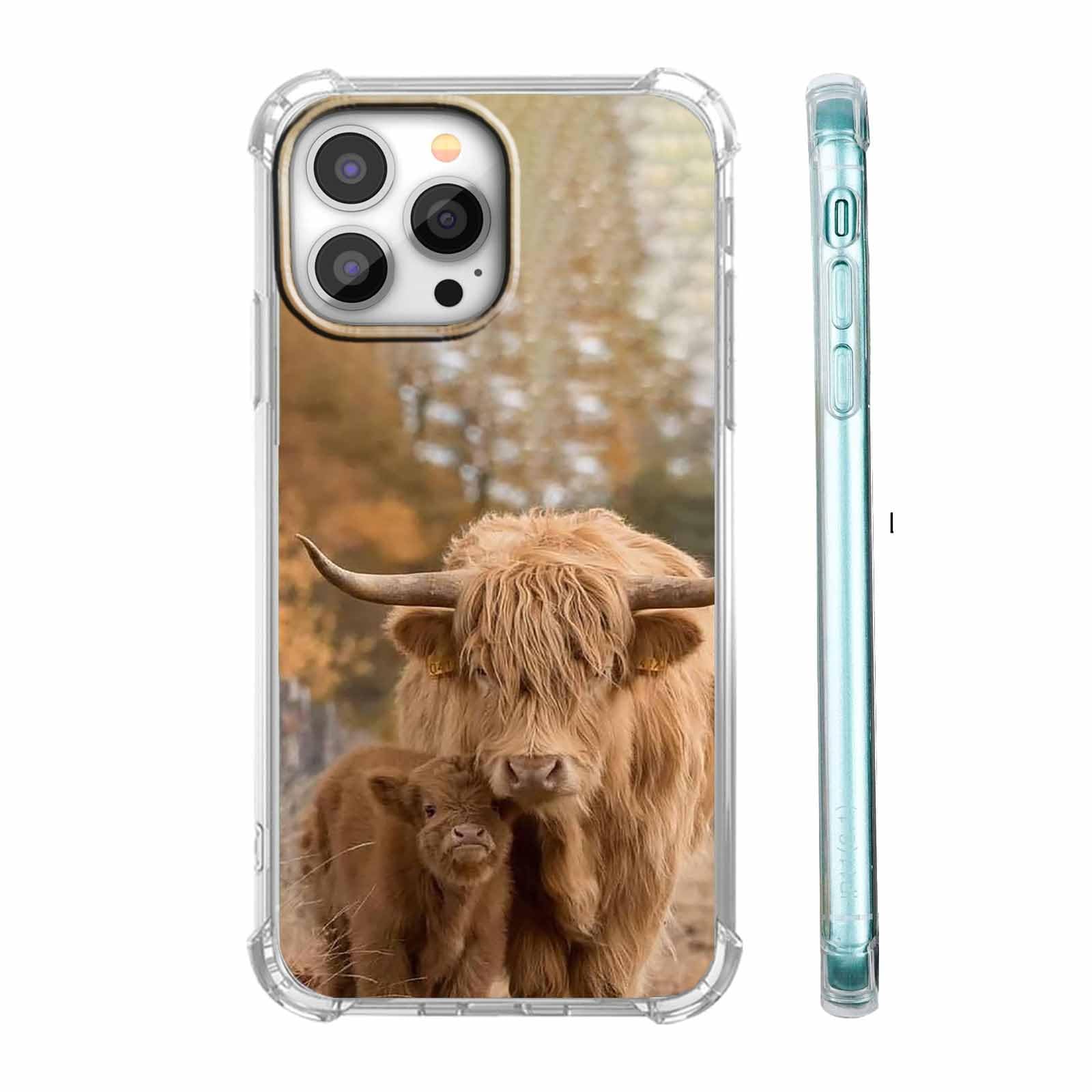 Tobelint Case for iPhone 15 Pro Max with Cow Design,Cute Highland Cattle Family Pattern for Men Women,Clear Slim Soft TPU Bumper Case,6.7”(Cow,15pm)