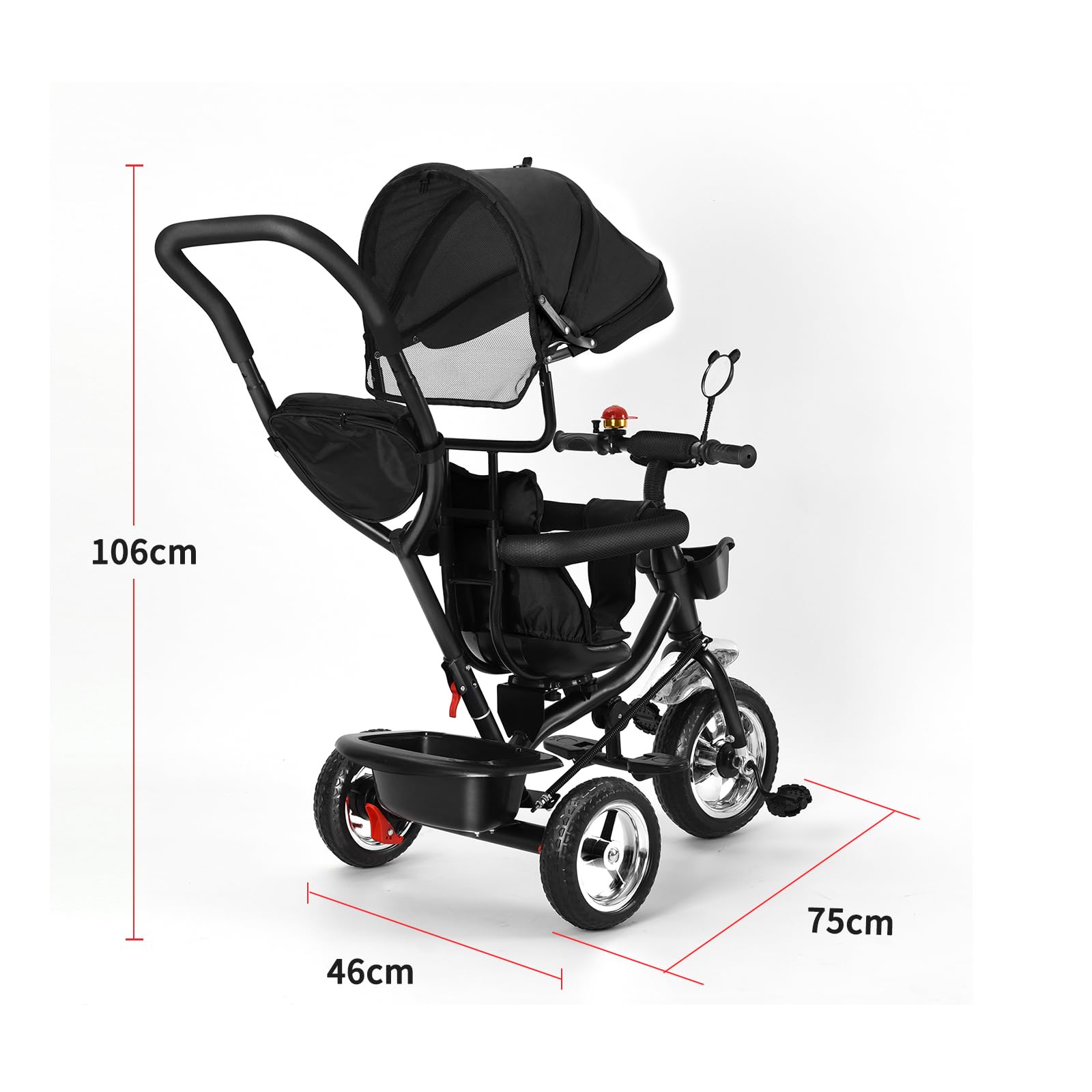 OHMG Tricycle bébé évolutif 5 en 1 vélo Poussette bébé avec poignée de poussée, auvent Amovible, Ceinture de sécurité à 5 Points, Rangement, Repose-Pieds, Frein, pour Enfants de 1 à 5 Ans