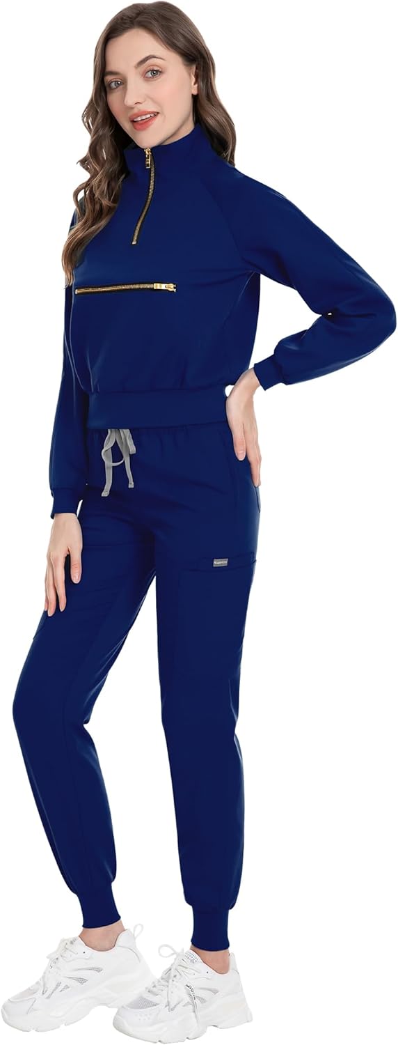 Scrub for Women Set-Long Sleeve Scrub Top with Zipper & Jogger Pants Medical Uniform Suit