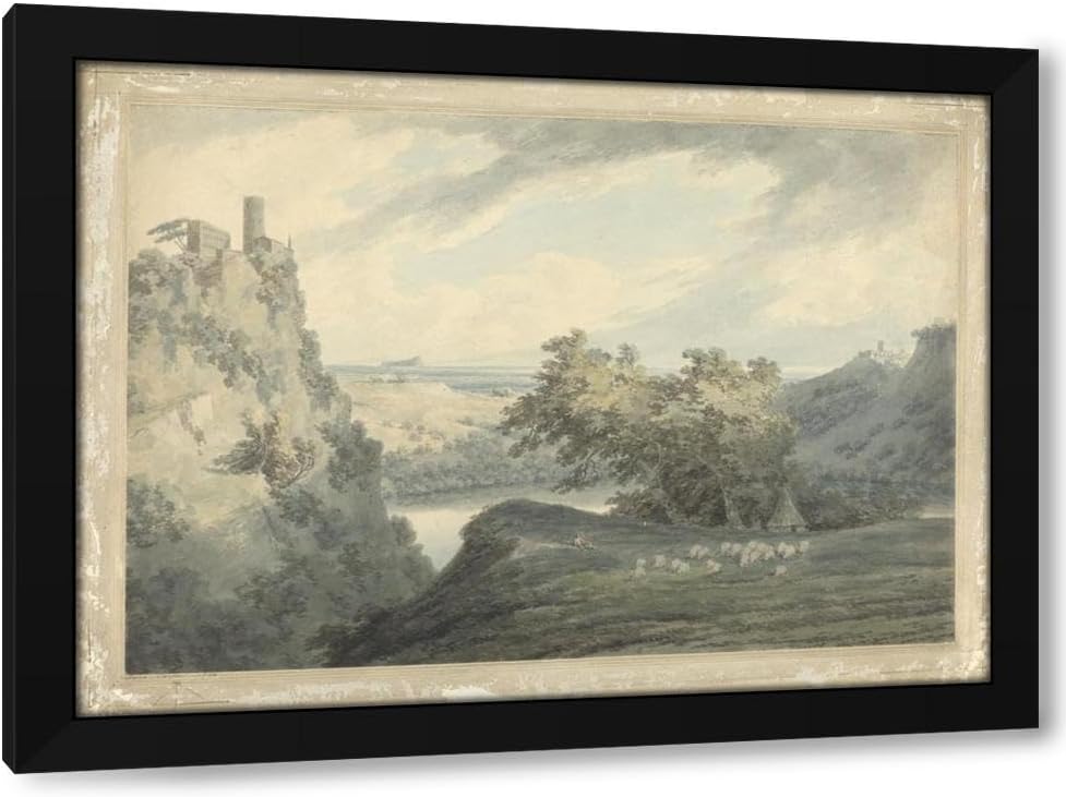 John Robert Cozens 24x19 Black Modern Framed Art Print Titled: Italian Mountainous Landscape with Lake Nemi (1790)