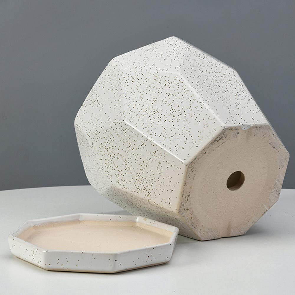 Ceramiczna doniczka na rośliny geometria wielokąt donice ogrodowe woskowana biała bardzo duża z dzieloną tacą doniczka na kwiaty do roślin wewnętrznych z otworem drenażowym (rozmiar: duża)