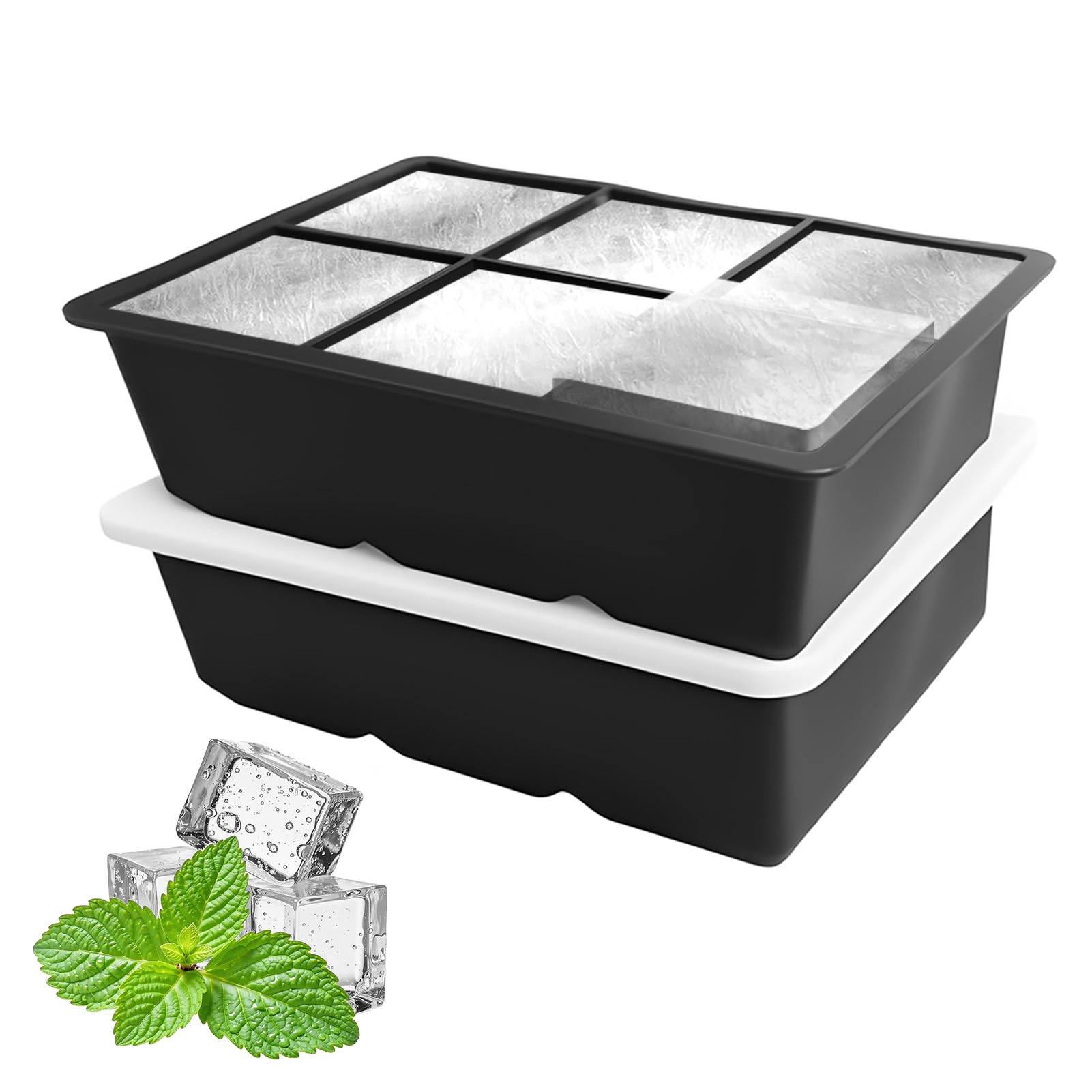 6 Cube 2 Pack Silicone Ice Cube Tray, Large Ice Cube Moulds with Lid for Easy Release, Giant Ice Cube Tray for Whiske Juice Coffee