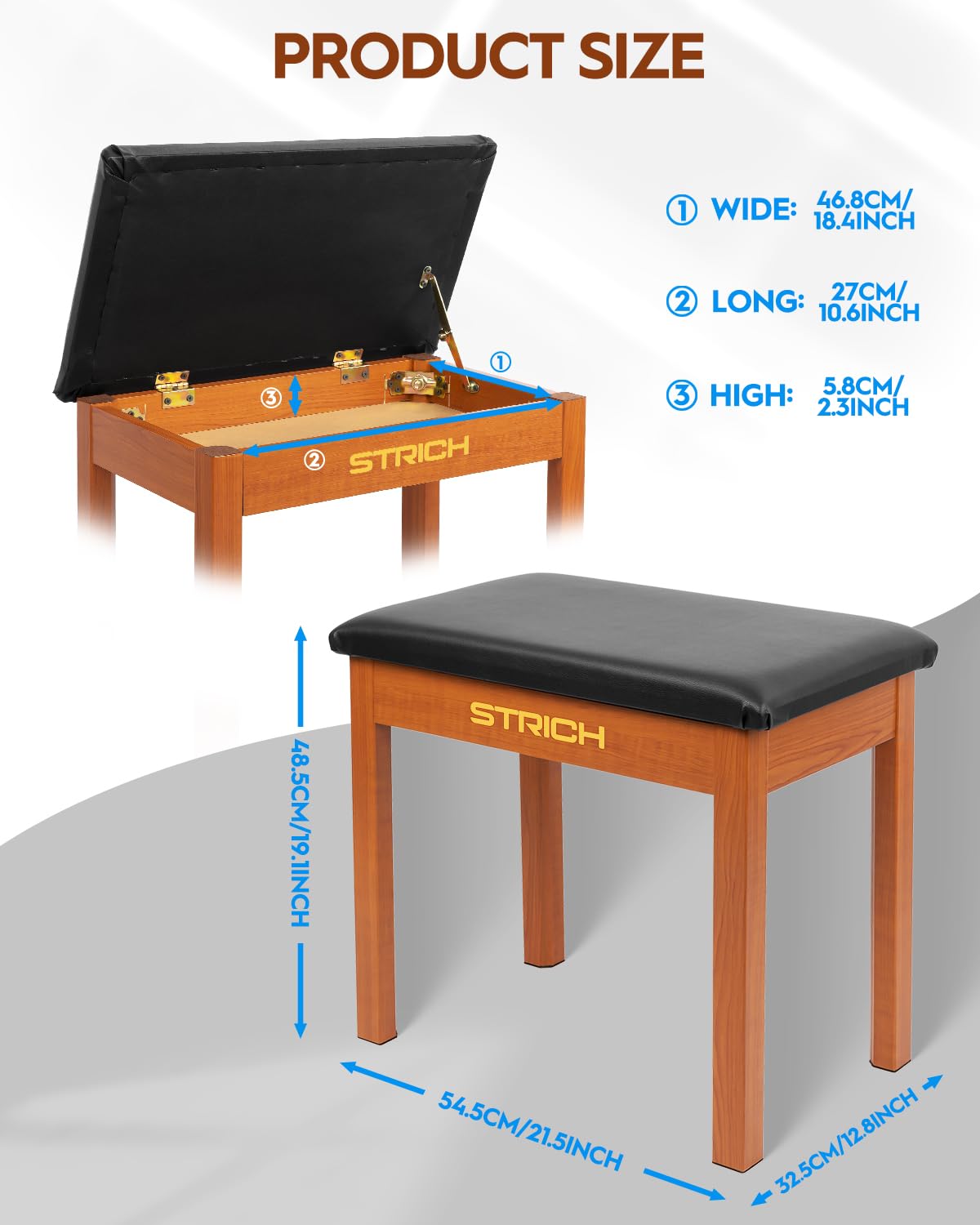 STRICH Banc de piano avec rangement, banc de clavier en bois massif, bibliothèque de piano, tabouret de chaise avec coussin rembourré, couleur acajou