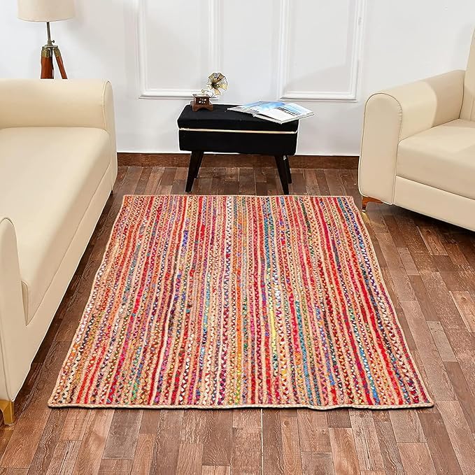 Tapis carré en coton et jute naturelle tressée à la main – Réversible et durable – Tapis bohème style rustique pour salon, salle à manger et chambre à coucher – 0,9 m