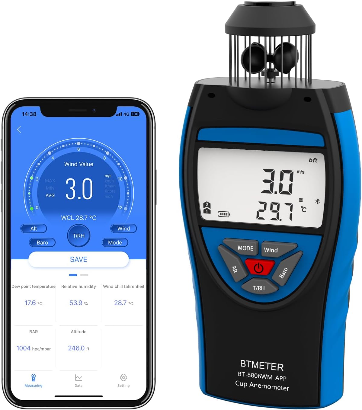 BTMETER Cup Anemometer Handheld Air Flow Meter, Wind Speed Data Logger w/Barometer Measure Wind Velocity/Temperature/Altitude/Humidity for HVAC Air Ventilation, Drone Hiking Outdoor Activities