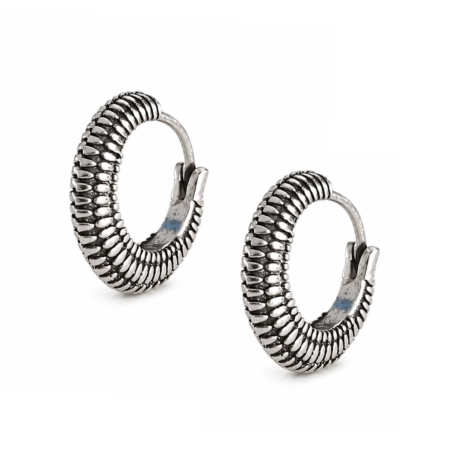vama FASHIONS Silver Plated Stainless Steel Anti Tarnish Oxidized Ribbed Ear Hoops Black Textured Huggie Hoop Earrings Metal Loop Antique Kaju Bali Hypoallergenic Tribal Earring For Mens-picture-18