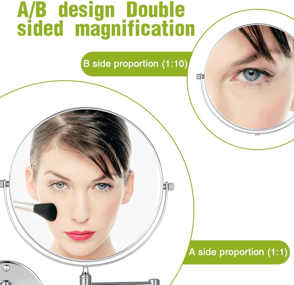 Cozzine Makeup Mirror Wall Mounted with 10X Magnifying, Two Side Vanity Extendable Bathroom Mirror, 10X Magnification Mirror 8 Inch, Chrome Finish