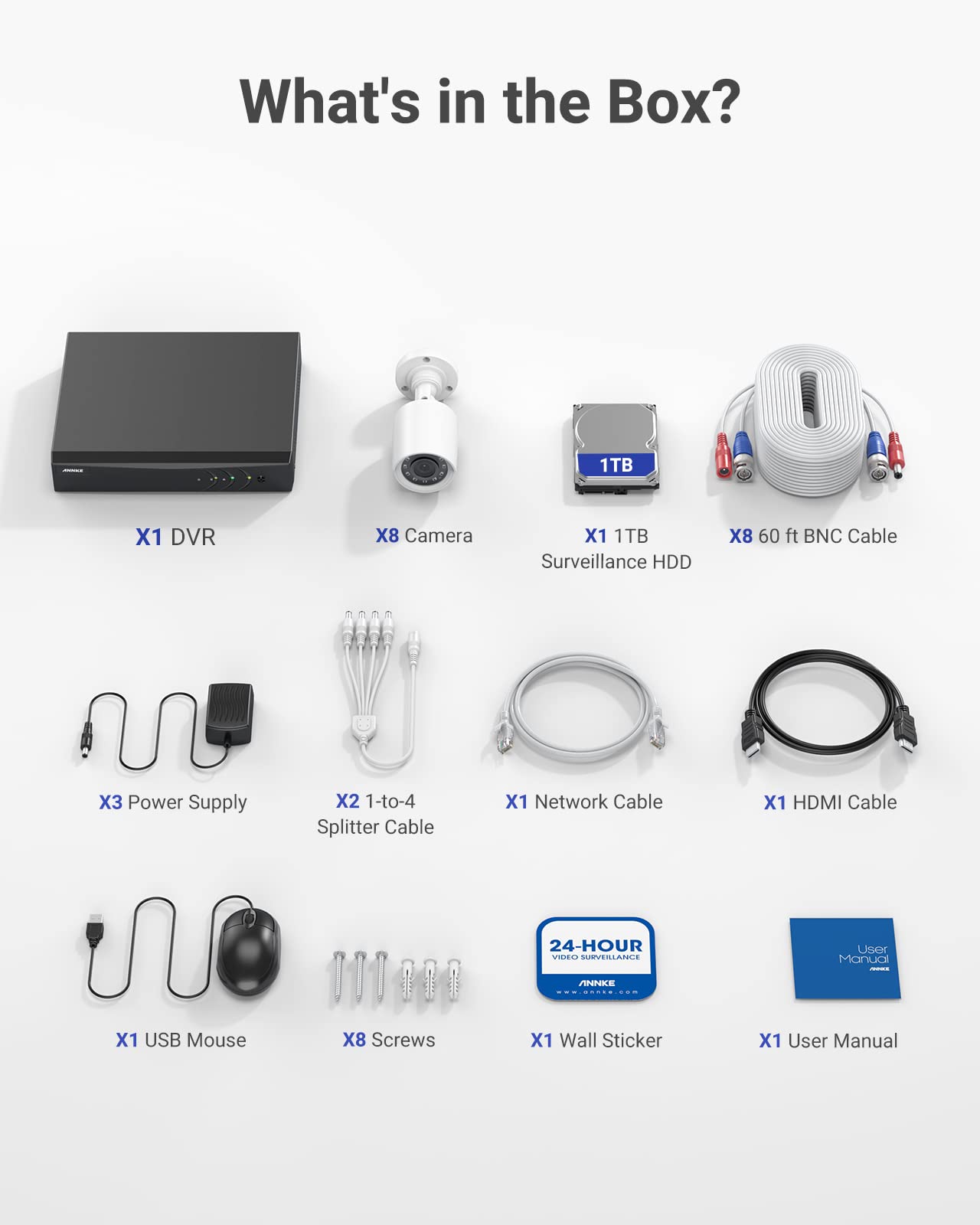 ANNKE Kit de Cámara de Vigilancia Exterior 8CH 3K Lite DVR 8 Cámaras 1080P IP66 Impermeable Detección Personas Vehículos Visión Nocturna 30M 1TB HDD