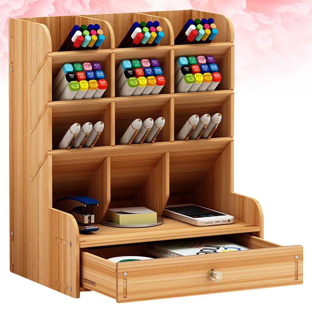 Operitacx Holz Stiftehalter Aufbewahrungsbox Groß Mit Mehrfach Geteilter Fächer Und Schublade Büro Desktop Organizer Für Stifte Und Büromaterial