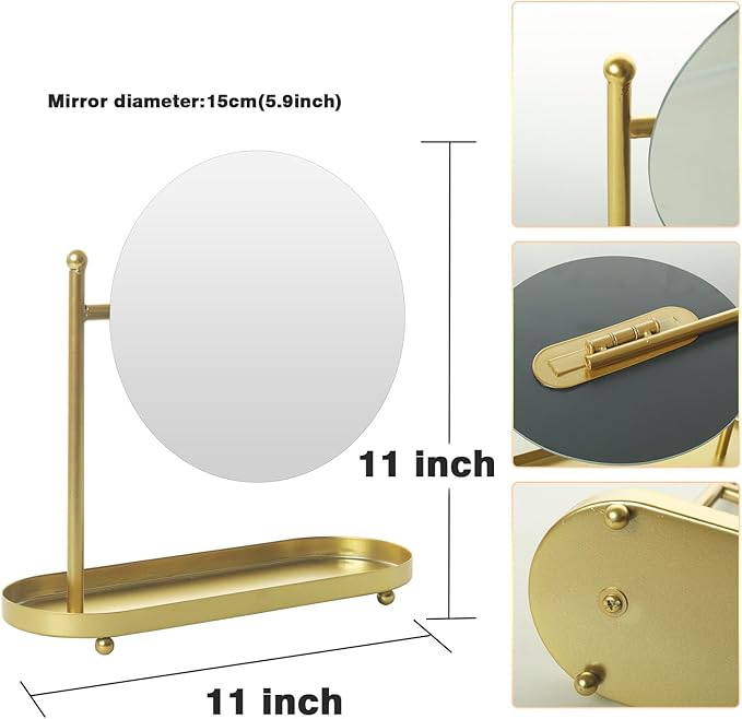 Espejo de maquillaje de escritorio dorado con soporte de almacenamiento miniatura 3