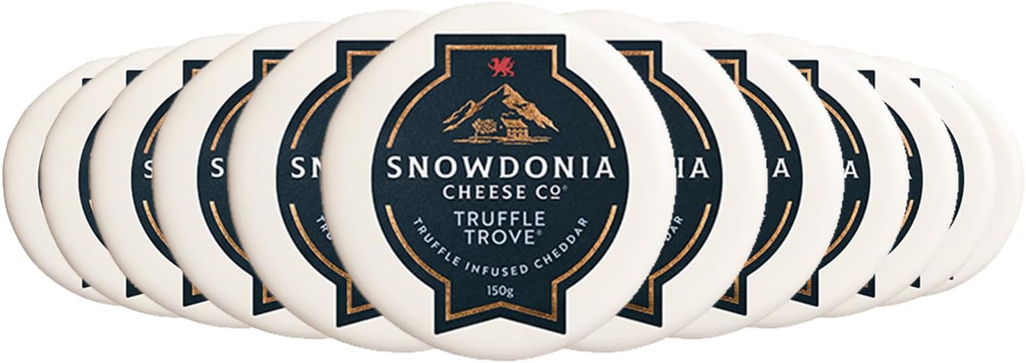 Snowdonia Truffle Trove | Cheddar with Black Summer Truffle 12 x 150g | Extra Mature Welsh Cheddar | Gourmet Cheese | Waxed Truckle | Cheeseboard Cheese | Vegetarian