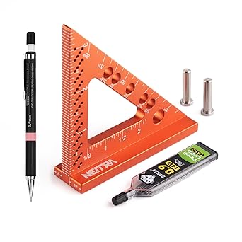 Neitra Small Square Ruler with Fixed Angle Pin, Accurate Compact Aluminum Laser Etched Markings, Includes a Mechanical Pencil for Carpenter Woodworking Furniture Projects, Orange (NT-SCS-03-2023)