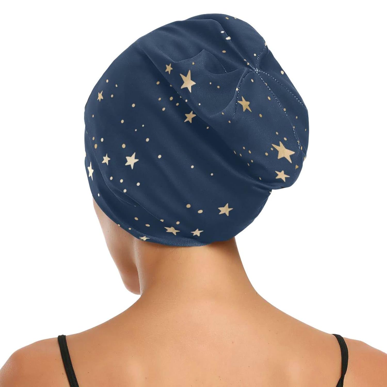 Satin Bonnet Lined Sleep Cap Hair Wrap Cover Slouchy Beanie for Curly Hair Protection for Gifts for Men Women Dark Blue Stars - Image 7
