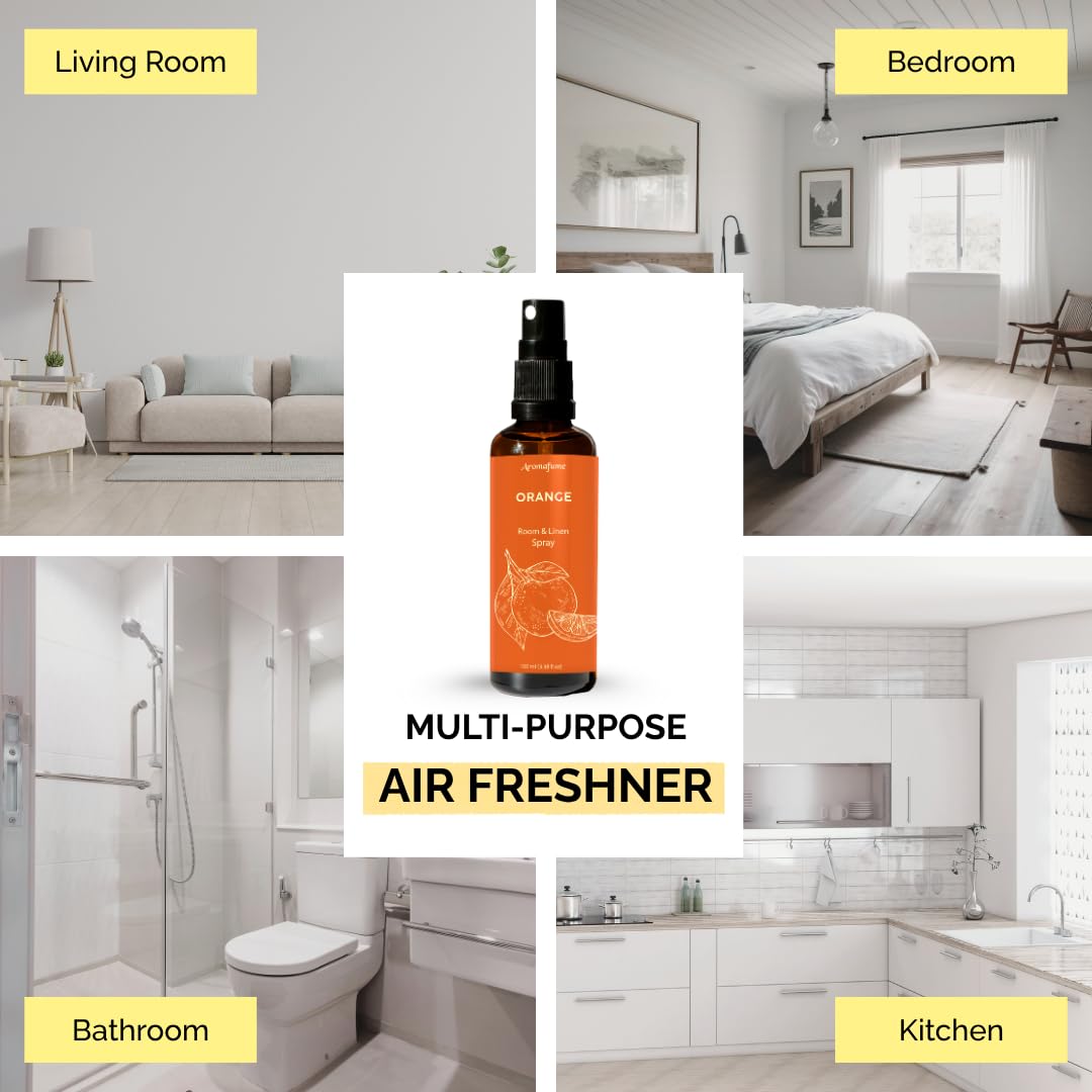 Aromafume Orange Room, Linen & Pillow Spray | 100 ml | con puro olio essenziale di arancia | Spray aromaterapia per rilassamento, sonno e sollievo dallo stress | Nebbia per biancheria da