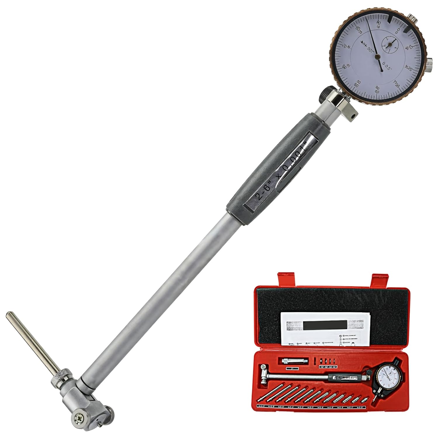 Bore Cylinder Gauge with Mechanical Dial Face, Multiple Extension Probes, Calibration Rods, Precision 0.001, Abs Storage Case