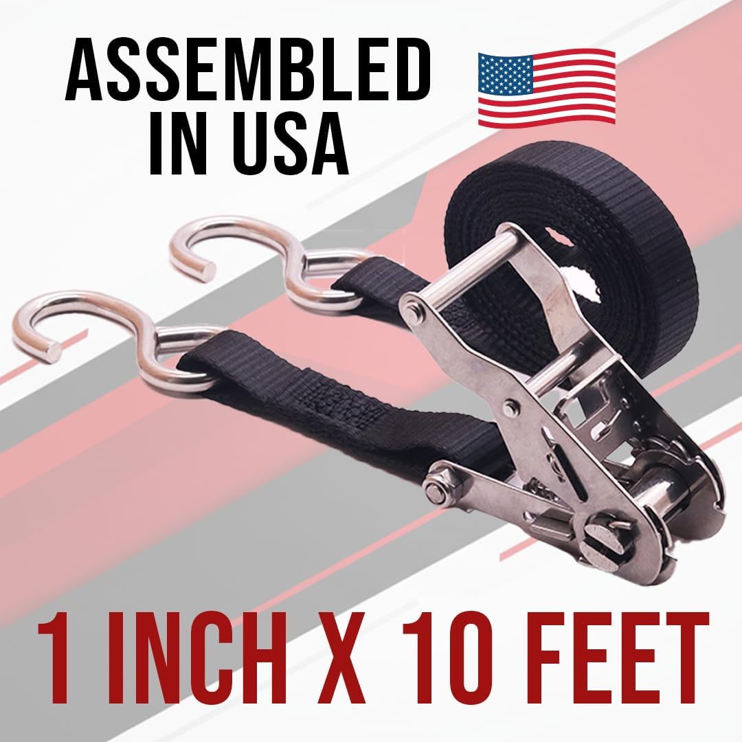 BoxerTool Stainless Steel Ratchet Straps S Hook 1”x10’ – 4 Pack – Marine Tie Down, Rust/Corrosion Resistant, Boats, Saltwater, Snow, 770LBS Break Strength