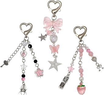 3 Pcs Aesthetic Y2K keychains Cute Butterfly Star Strawberry Bear Guitar Keychains Charms with Tether Tab for Women Bag Purse Gifts