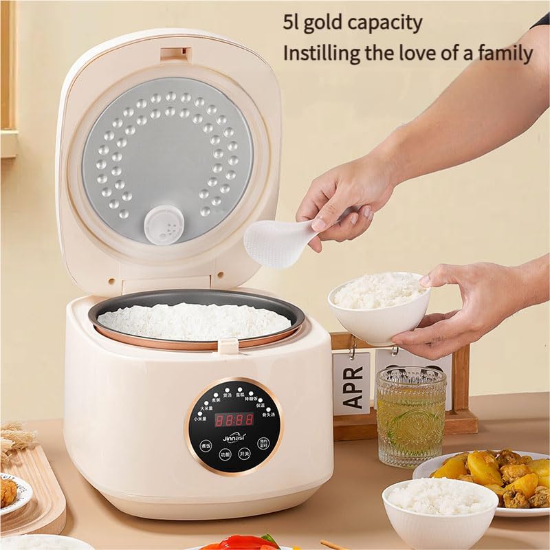 Smart Rice Cooker, 5L Digital Multi-Function, Cream White, 24H Timer, 360° Heating, Low-Starch Mode with 45% Reduction, Overflow Protection