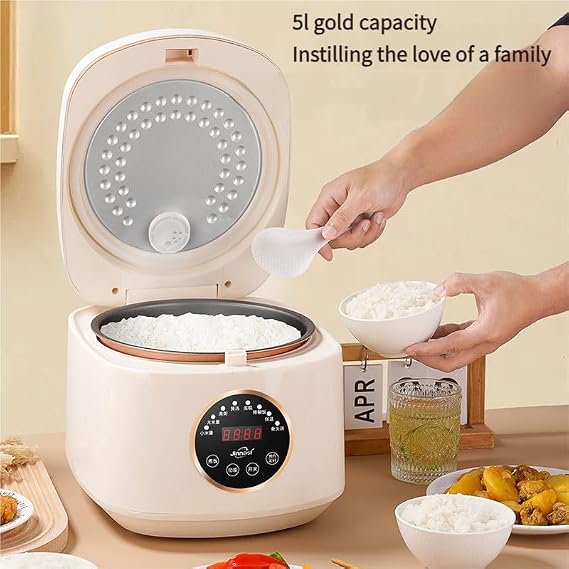 Smart Rice Cooker, 5L Digital Multi-Function, Cream White, 24H Timer, 360 Heating, Low-Starch Mode with 45% Reduction, Overflow Protection