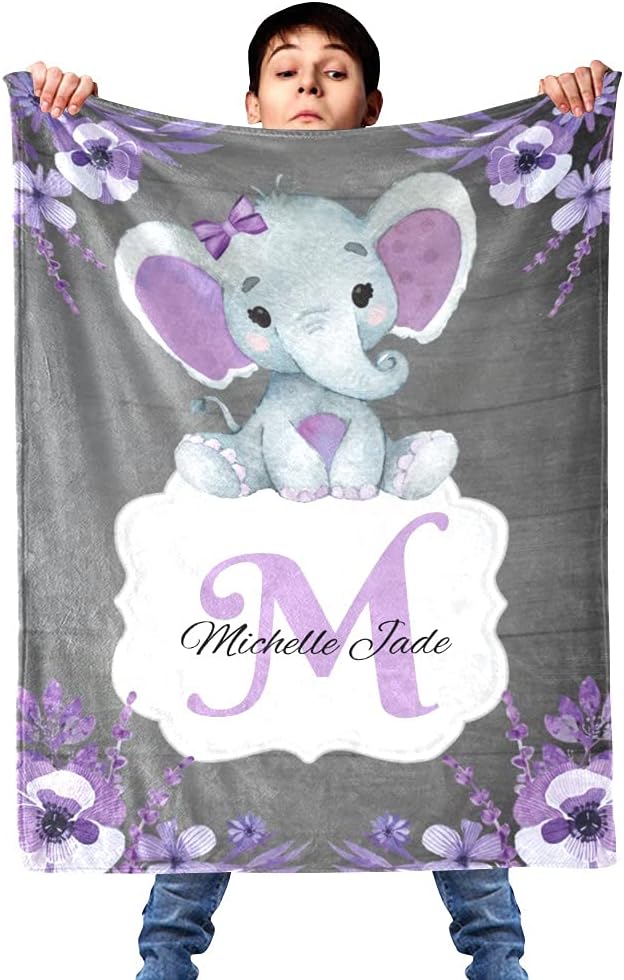 Personalized Baby Blanket, Monogram Purple Floral Elephant Custom Nursery Swadding Blankets 30x40 Inches for Baby Boy Girl with Name Baby Shower Birthday Gift