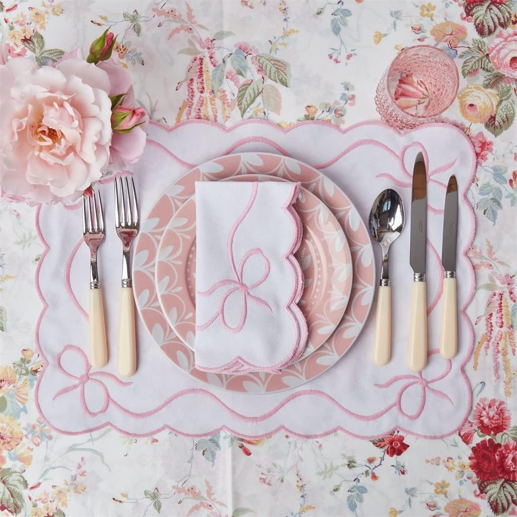 Placemats and Napkins Set of 6 White Embroidered Bow Wedding Decor Tablecloth Placemat